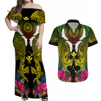 Hawaii Kanaka Maoli Couples Matching Off Shoulder Maxi Dress and Hawaiian Shirt Double Shark and Hibiscus Flowers LT03 Black - Polynesian Pride