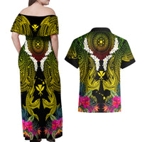 Hawaii Kanaka Maoli Couples Matching Off Shoulder Maxi Dress and Hawaiian Shirt Double Shark and Hibiscus Flowers LT03 - Polynesian Pride