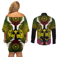 Hawaii Kanaka Maoli Couples Matching Off Shoulder Short Dress and Long Sleeve Button Shirt Double Shark and Hibiscus Flowers LT03 - Polynesian Pride