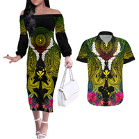 Hawaii Kanaka Maoli Couples Matching Off The Shoulder Long Sleeve Dress and Hawaiian Shirt Double Shark and Hibiscus Flowers LT03 Black - Polynesian Pride