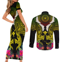 Hawaii Kanaka Maoli Couples Matching Short Sleeve Bodycon Dress and Long Sleeve Button Shirt Double Shark and Hibiscus Flowers LT03 - Polynesian Pride