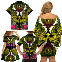 Hawaii Kanaka Maoli Family Matching Off Shoulder Short Dress and Hawaiian Shirt Double Shark and Hibiscus Flowers LT03 - Polynesian Pride
