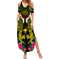 Hawaii Kanaka Maoli Family Matching Summer Maxi Dress and Hawaiian Shirt Double Shark and Hibiscus Flowers LT03 Mom's Dress Black - Polynesian Pride