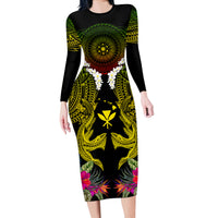 Hawaii Kanaka Maoli Long Sleeve Bodycon Dress Double Shark and Hibiscus Flowers LT03 Long Dress Black - Polynesian Pride