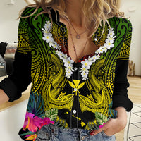 Hawaii Kanaka Maoli Women Casual Shirt Double Shark and Hibiscus Flowers LT03 Female Black - Polynesian Pride
