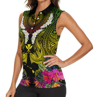 Hawaii Kanaka Maoli Women Sleeveless Polo Shirt Double Shark and Hibiscus Flowers LT03 - Polynesian Pride
