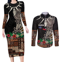 Samoa Siapo Polynesian Art Couples Matching Long Sleeve Bodycon Dress and Long Sleeve Button Shirt Tropical Flowers and Tatau Pattern Brown LT03 Brown - Polynesian Pride