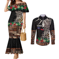 Samoa Siapo Polynesian Art Couples Matching Mermaid Dress and Long Sleeve Button Shirt Tropical Flowers and Tatau Pattern Brown LT03 Brown - Polynesian Pride
