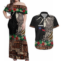 Samoa Siapo Polynesian Art Couples Matching Off Shoulder Maxi Dress and Hawaiian Shirt Tropical Flowers and Tatau Pattern Brown LT03 Brown - Polynesian Pride