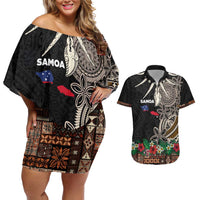 Samoa Siapo Polynesian Art Couples Matching Off Shoulder Short Dress and Hawaiian Shirt Tropical Flowers and Tatau Pattern Brown LT03 Brown - Polynesian Pride