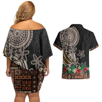 Samoa Siapo Polynesian Art Couples Matching Off Shoulder Short Dress and Hawaiian Shirt Tropical Flowers and Tatau Pattern Brown LT03 - Polynesian Pride