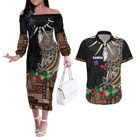 Samoa Siapo Polynesian Art Couples Matching Off The Shoulder Long Sleeve Dress and Hawaiian Shirt Tropical Flowers and Tatau Pattern Brown LT03 Brown - Polynesian Pride