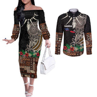 Samoa Siapo Polynesian Art Couples Matching Off The Shoulder Long Sleeve Dress and Long Sleeve Button Shirt Tropical Flowers and Tatau Pattern Brown LT03 Brown - Polynesian Pride