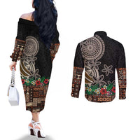Samoa Siapo Polynesian Art Couples Matching Off The Shoulder Long Sleeve Dress and Long Sleeve Button Shirt Tropical Flowers and Tatau Pattern Brown LT03 - Polynesian Pride
