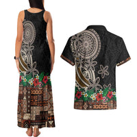 Samoa Siapo Polynesian Art Couples Matching Tank Maxi Dress and Hawaiian Shirt Tropical Flowers and Tatau Pattern Brown LT03 - Polynesian Pride
