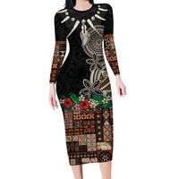 Samoa Siapo Polynesian Art Family Matching Long Sleeve Bodycon Dress and Hawaiian Shirt Tropical Flowers and Tatau Pattern Brown LT03 Mom's Dress Brown - Polynesian Pride