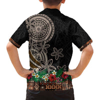 Samoa Siapo Polynesian Art Family Matching Off The Shoulder Long Sleeve Dress and Hawaiian Shirt Tropical Flowers and Tatau Pattern Brown LT03 - Polynesian Pride