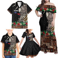 Samoa Siapo Polynesian Art Family Matching Off Shoulder Maxi Dress and Hawaiian Shirt Tropical Flowers and Tatau Pattern Brown LT03 - Polynesian Pride