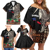 Samoa Siapo Polynesian Art Family Matching Off Shoulder Short Dress and Hawaiian Shirt Tropical Flowers and Tatau Pattern Brown LT03 - Polynesian Pride