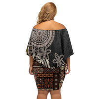 Samoa Siapo Polynesian Art Family Matching Off Shoulder Short Dress and Hawaiian Shirt Tropical Flowers and Tatau Pattern Brown LT03 - Polynesian Pride