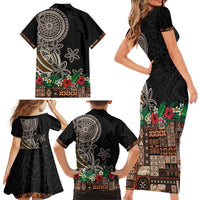 Samoa Siapo Polynesian Art Family Matching Short Sleeve Bodycon Dress and Hawaiian Shirt Tropical Flowers and Tatau Pattern Brown LT03 - Polynesian Pride