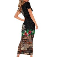 Samoa Siapo Polynesian Art Family Matching Short Sleeve Bodycon Dress and Hawaiian Shirt Tropical Flowers and Tatau Pattern Brown LT03 - Polynesian Pride