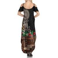 Samoa Siapo Polynesian Art Family Matching Summer Maxi Dress and Hawaiian Shirt Tropical Flowers and Tatau Pattern Brown LT03 - Polynesian Pride