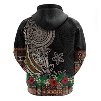 Samoa Siapo Polynesian Art Zip Hoodie Tropical Flowers and Tatau Pattern Brown