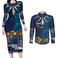 Samoa Siapo Polynesian Art Couples Matching Long Sleeve Bodycon Dress and Long Sleeve Button Shirt Tropical Flowers and Tatau Pattern Navy LT03 Navy - Polynesian Pride