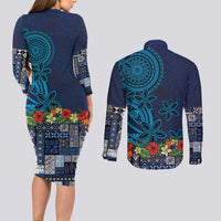 Samoa Siapo Polynesian Art Couples Matching Long Sleeve Bodycon Dress and Long Sleeve Button Shirt Tropical Flowers and Tatau Pattern Navy LT03 - Polynesian Pride