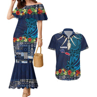 Samoa Siapo Polynesian Art Couples Matching Mermaid Dress and Hawaiian Shirt Tropical Flowers and Tatau Pattern Navy LT03 Navy - Polynesian Pride