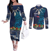 Samoa Siapo Polynesian Art Couples Matching Off The Shoulder Long Sleeve Dress and Long Sleeve Button Shirt Tropical Flowers and Tatau Pattern Navy LT03 Navy - Polynesian Pride