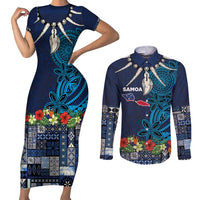 Samoa Siapo Polynesian Art Couples Matching Short Sleeve Bodycon Dress and Long Sleeve Button Shirt Tropical Flowers and Tatau Pattern Navy LT03 Navy - Polynesian Pride