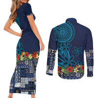 Samoa Siapo Polynesian Art Couples Matching Short Sleeve Bodycon Dress and Long Sleeve Button Shirt Tropical Flowers and Tatau Pattern Navy LT03 - Polynesian Pride