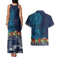 Samoa Siapo Polynesian Art Couples Matching Tank Maxi Dress and Hawaiian Shirt Tropical Flowers and Tatau Pattern Navy LT03 - Polynesian Pride