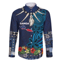 Samoa Siapo Polynesian Art Family Matching Long Sleeve Bodycon Dress and Hawaiian Shirt Tropical Flowers and Tatau Pattern Navy LT03 Dad's Shirt - Long Sleeve Navy - Polynesian Pride