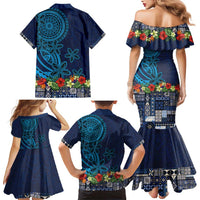 Samoa Siapo Polynesian Art Family Matching Mermaid Dress and Hawaiian Shirt Tropical Flowers and Tatau Pattern Navy LT03 - Polynesian Pride