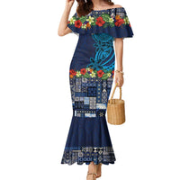 Samoa Siapo Polynesian Art Family Matching Mermaid Dress and Hawaiian Shirt Tropical Flowers and Tatau Pattern Navy LT03 Mom's Dress Navy - Polynesian Pride