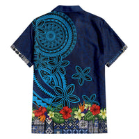 Samoa Siapo Polynesian Art Family Matching Off The Shoulder Long Sleeve Dress and Hawaiian Shirt Tropical Flowers and Tatau Pattern Navy LT03 - Polynesian Pride