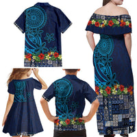 Samoa Siapo Polynesian Art Family Matching Off Shoulder Maxi Dress and Hawaiian Shirt Tropical Flowers and Tatau Pattern Navy LT03 - Polynesian Pride