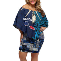 Samoa Siapo Polynesian Art Family Matching Off Shoulder Short Dress and Hawaiian Shirt Tropical Flowers and Tatau Pattern Navy LT03 Mom's Dress Navy - Polynesian Pride