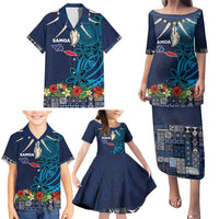 Samoa Siapo Polynesian Art Family Matching Puletasi and Hawaiian Shirt Tropical Flowers and Tatau Pattern Navy LT03 - Polynesian Pride