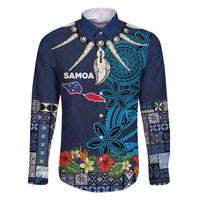 Samoa Siapo Polynesian Art Family Matching Puletasi and Hawaiian Shirt Tropical Flowers and Tatau Pattern Navy LT03 Dad's Shirt - Long Sleeve Navy - Polynesian Pride