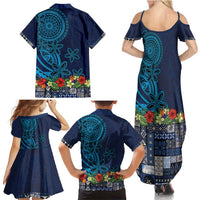 Samoa Siapo Polynesian Art Family Matching Summer Maxi Dress and Hawaiian Shirt Tropical Flowers and Tatau Pattern Navy LT03 - Polynesian Pride