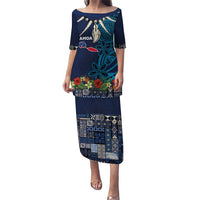 Samoa Siapo Polynesian Art Puletasi Tropical Flowers and Tatau Pattern Navy