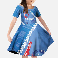 Samoa Independence Day Family Matching Off Shoulder Maxi Dress and Hawaiian Shirt Anniversary 63th-Siapo Art LT03 Daughter's Dress Blue - Polynesian Pride