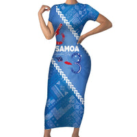 Samoa Independence Day Family Matching Short Sleeve Bodycon Dress and Hawaiian Shirt Anniversary 63th-Siapo Art LT03 Mom's Dress Blue - Polynesian Pride