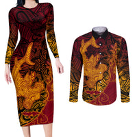 Hawaiian Volcano and Shark Couples Matching Long Sleeve Bodycon Dress and Long Sleeve Button Shirt Polynesian and Hibiscus Pattern Lava Color