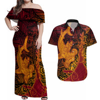Hawaiian Volcano and Shark Couples Matching Off Shoulder Maxi Dress and Hawaiian Shirt Polynesian and Hibiscus Pattern Lava Color LT03 Red - Polynesian Pride