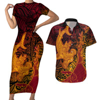 Hawaiian Volcano and Shark Couples Matching Short Sleeve Bodycon Dress and Hawaiian Shirt Polynesian and Hibiscus Pattern Lava Color LT03 Red - Polynesian Pride
